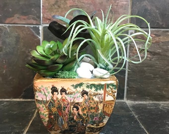 Artificial Green Grass Succulent Planter in a Satsuma Bowl with Geishas