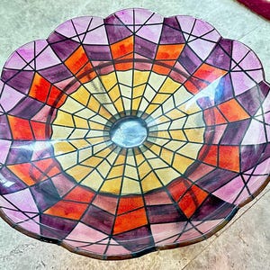 Vintage 17&quot; Colorful Glass Centerpiece Bowl with Metal Stand