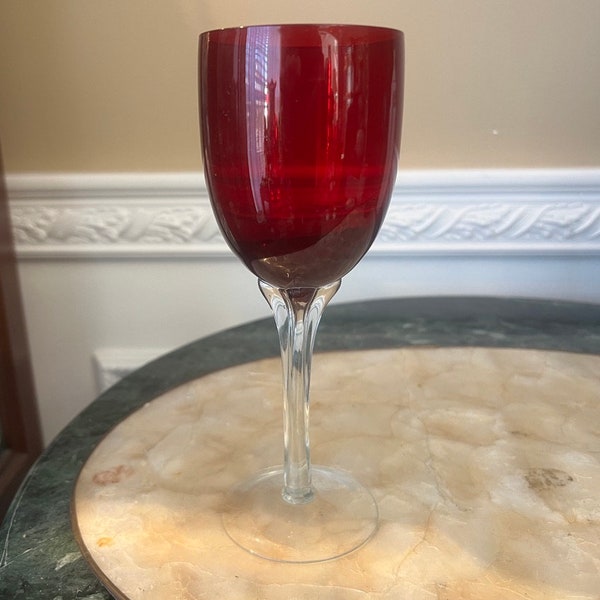 Vintage Ruby Red 8 Ounce Wine Glass Clear Petal Formed Stem