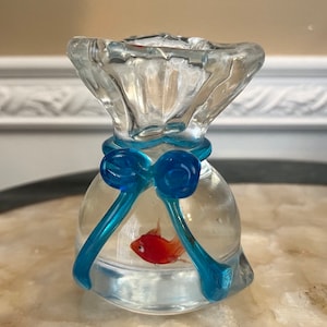 Murano Style Goldfish in Bag Glass Sculpture Blue Ribbon Bow