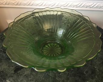 Vintage Green Vaseline Glass 11" Bowl with Etched Flowers