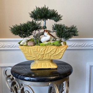 Bonsai Planter with Artificial Bonsai Tree Vintage Mallard Ducks in Vintage Yellow Flower Vase
