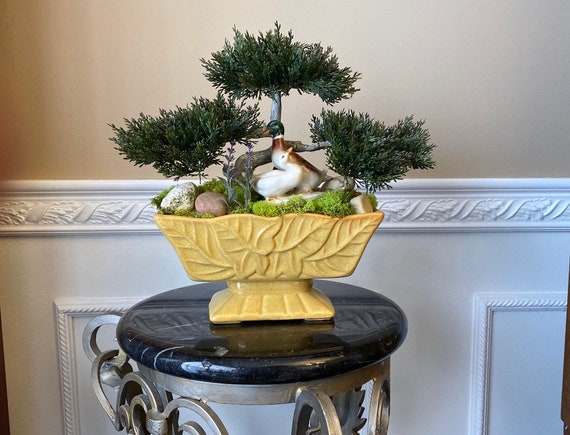 Bonsai Planter with Artificial Bonsai Tree Vintage Mallard Ducks in Vintage Yellow Flower Vase