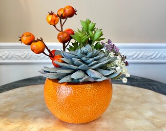 Indoor Planter In Ceramic Orange with Silk Green Grass Succulents