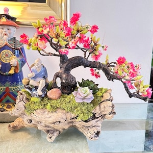 Bonsai Planter Artificial Bonsai Cherry Blossom Tree With Chinese Mud Man Realistic Wood Planter