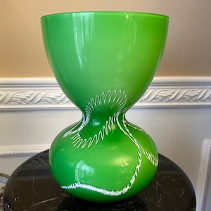 Murano Style Art Glass 10&quot; Green Vase With A Raised White Line Pattern