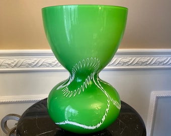 Murano Style Art Glass 10&quot; Green Vase With A Raised White Line Pattern