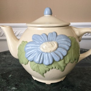 Vintage Majolica Blue Flower 4 Cup Teapot