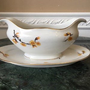 Royal Bayreuth Yellow Flowers, Black Branches, Gold Trim Gravy Boat