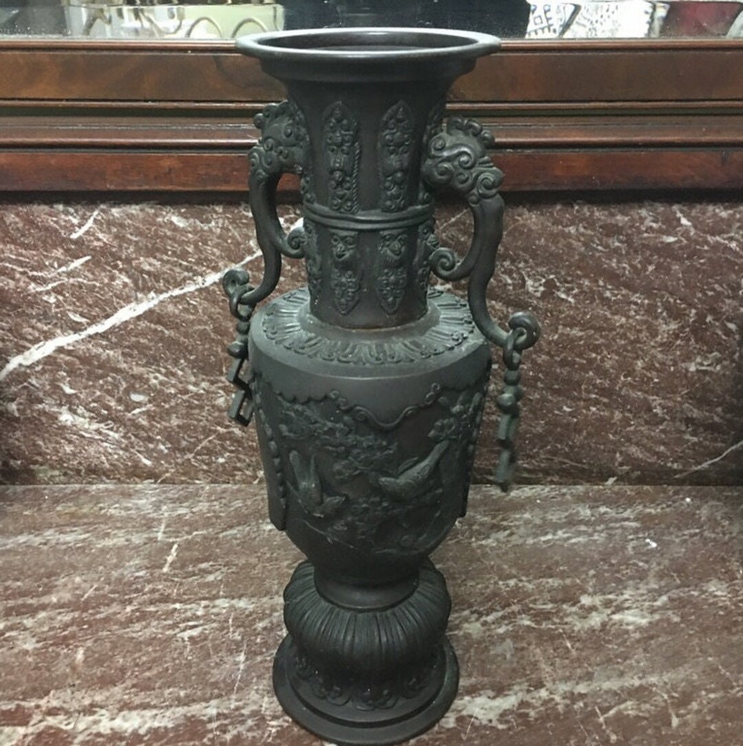 アンティーク 14 1/2 インチ 中国デザイン ブロンズ花瓶 鳥と龍