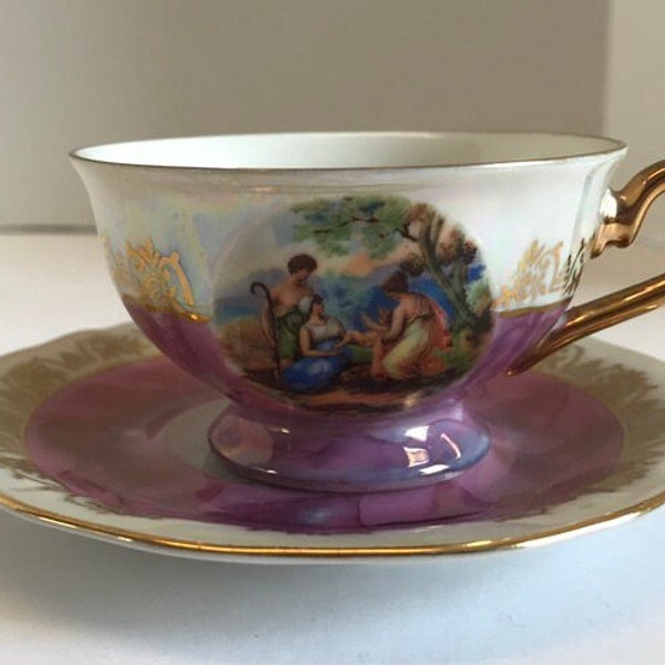 Lusterware Bavaria Hand Painted Courting Couple Demitasse Tea Cup & Saucer