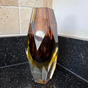 Luigi Mandruzzato Murano Cased Art Glass 7 1/2&quot; Purple Faceted Case Vase and Sticker