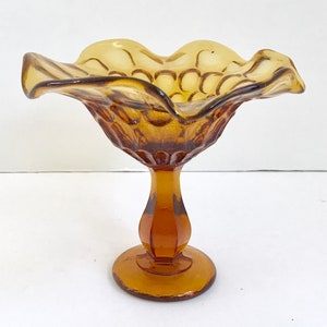 Fenton Amber Thumbprint Print Pattern Glass Pedestal Compote