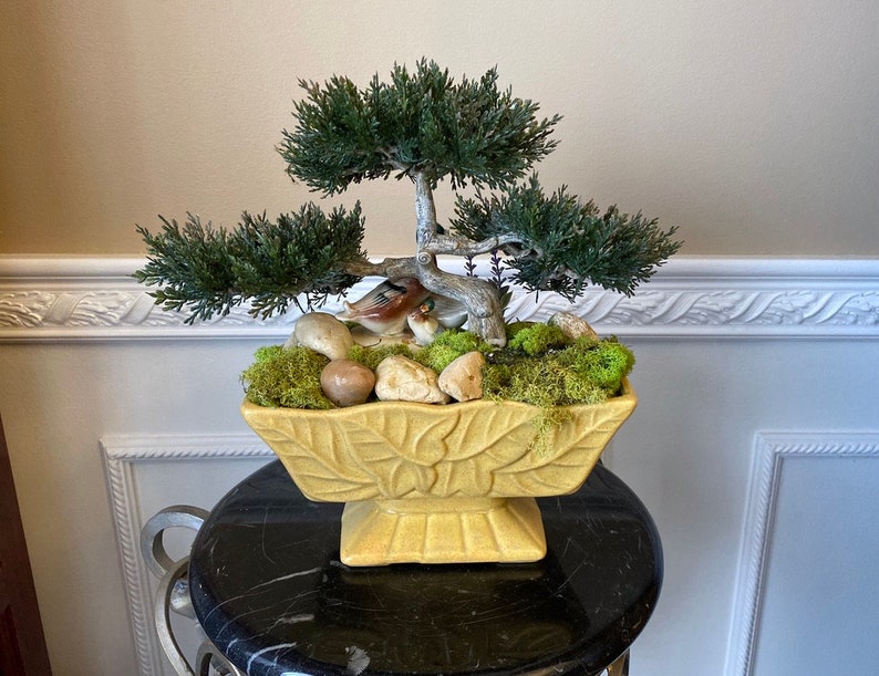 May include: A yellow ceramic planter with a leaf design, holding a small bonsai tree with green foliage and ceramic birds. The planter is sitting on a black marble surface.