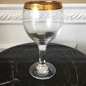 Vintage 24k Gold Scroll Band Encrusted 6 1/4&quot; Crystal Wine/Cordial Glass