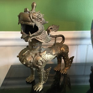 Vintage Chinese Heavy Bronze Standing 15" Fu Dog Lion