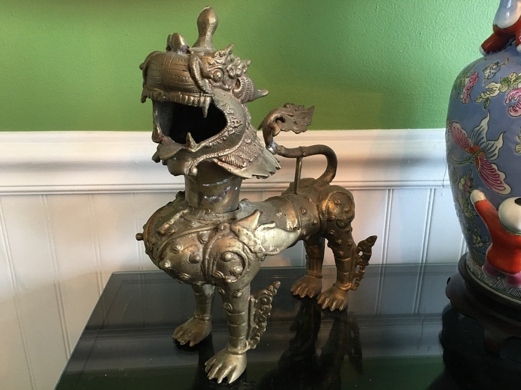 Vintage Chinese Heavy Bronze Standing 15" Fu Dog Lion