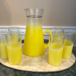 Vintage MCM Pichet Blendo Frosted Sunshine Yellow Pichet de 64 oz avec 6 verres image 3