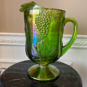 Vintage Indiana Glass Green Large 11&quot; Harvest Grape Carnival Glass Pitcher