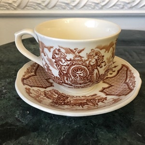 Vintage Fair Winds Historical Scenes Brown Transferware Coffee Cup & Saucer