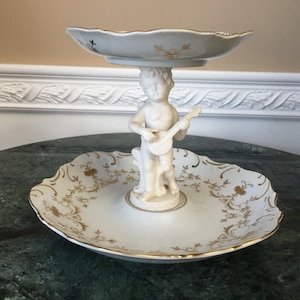Vintage Ardalt Lenwile Porcelain 2 Tier Tidbit Tray With Bisque Cherub and 24K Gold trim