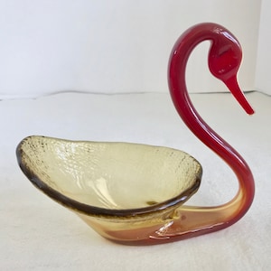 Fostoria/Sooner(?) Blown Art Glass Red and Amber Swan Candy Dish