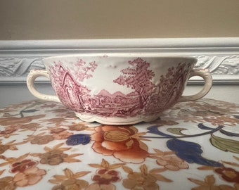 Vintage Pink/Red Transferware English Scenery Two Handled Soup Cup