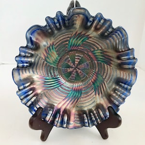 Antique 9&quot; Fenton Amethyst Blue Carnival Glass 3 in 1 Edge Ribbon Low Bowl