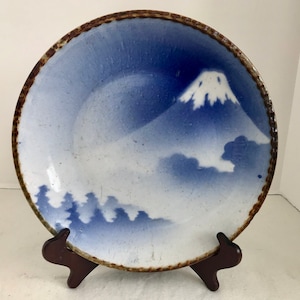 Antique Igezara Ware Meiji Period 11&quot; Blue and White Mount Fuji Plate
