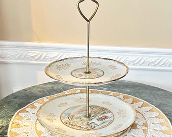 Currier and Ives Pearl Gold Trim Iridescent Collector Winter 2 Tier Tidbit Tray