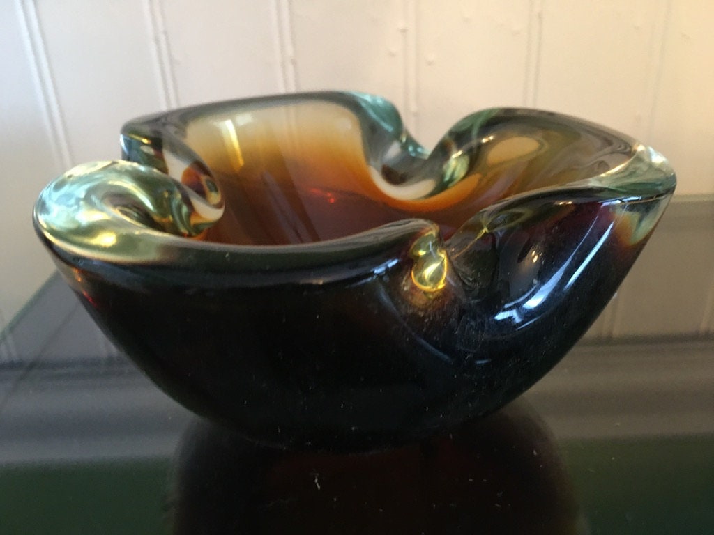 Murano Style 6" Heavy Studio Art Glass Brown and Clear Cased Glass Bowl/Ashtray