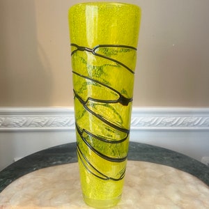 Murano Style Cased Art Glass 14 1/2&quot; Yellow Vase With Raised Black Stripes