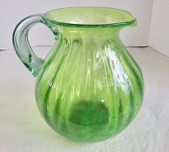 Pier 1 Large Handblown 14 Cup Clear Green With Handle - Handled Glass Jug Vase Pier 1 Large Handblown 14 Cup Clear Green With Handle - Handled Glass Jug Vase