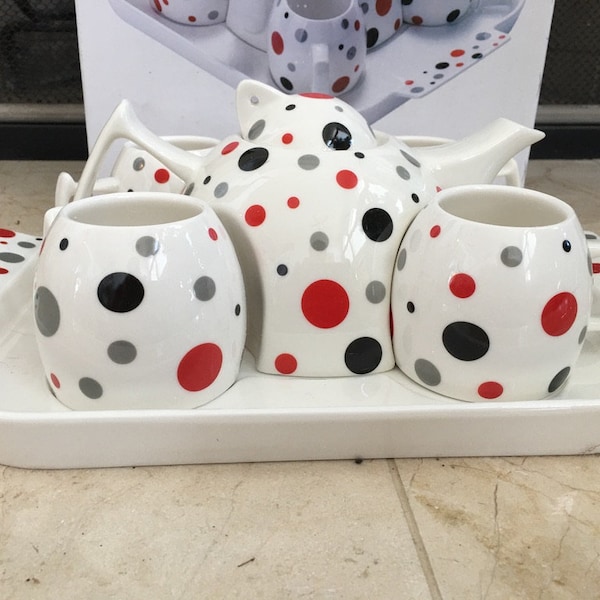 vintage Avoir une tasse de thé avec me Polka Dots 20 Once Tea Set W / Original Box