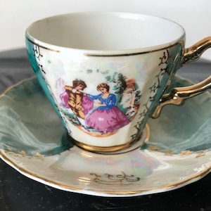 Lusterware Japan Hand Painted Courting Couple Demitasse Tea Cup & Saucer