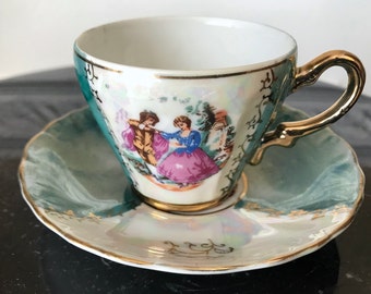 Lusterware Japon Peint à la main Courting Couple Demitasse Tea Cup - Saucer