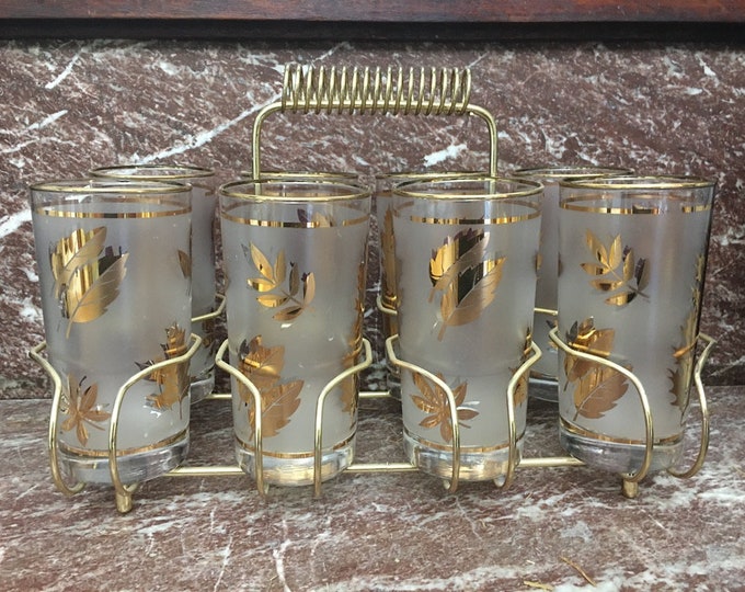 Mid Century Libbey Barware Set With 8 Frosted Gold Leaf Etsy