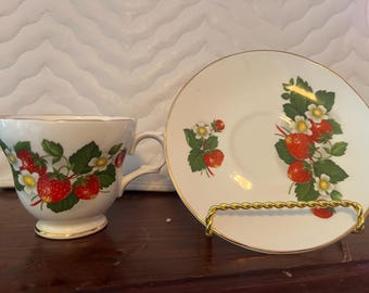 Vintage Crown Trent Bone China Strawberry Tea Cup and Saucer
