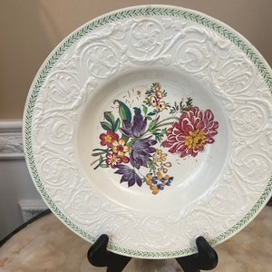 Vintage Wedgwood Patrician White with floral scroll Pattern Green Trim Rimmed 9 1/4&quot; Soup Bowl