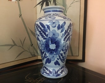 Vintage Made in China Blue and White 12" Floral Temple Jar/Vase