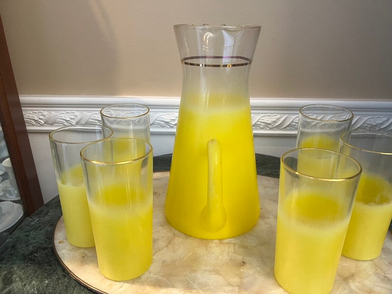 Vintage MCM Pichet Blendo Frosted Sunshine Yellow Pichet de 64 oz avec 6 verres image 5
