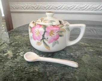 Noritake Azalea Red Stamp 19322 Condiment/Sugar Bowl With Spoon