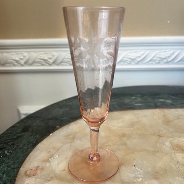 Vintage Jeanette(?) Pink Depression Glass Etched Floral Pattern 6 1/2" Champagne flute