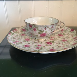 Vintage Lefton Rose Chintz Hand Painted China Snack Plate with Teacup