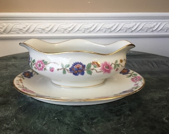 WM Guerin and Co Limoges France Macy Bird of Paradise Gravy Boat W/Attached Underplate