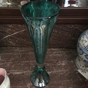 Vintage Murano Style 19&quot; Green/Teal Centerpiece Trumpet Cased Art Glass Vase