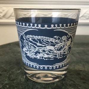 Vintage Currier and Ives Blue Frosted 6 Oz Old Fashioned Glass