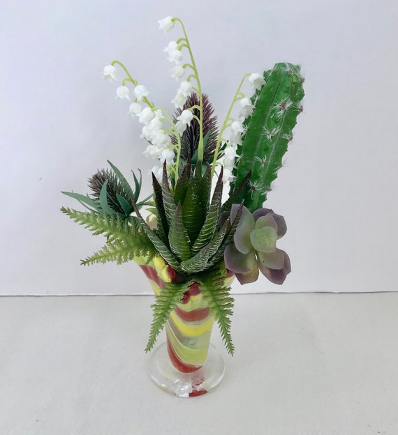 Kunst Glas Vase Pflanzer Kaktus lila und grn Gras Sukkulenten weie Blumen  - Etsy Schweiz