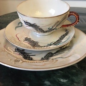 Vintage White Dragon Ware Lusterware Moriage Geisha Lithophane Tea Cup Set
