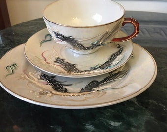 Vintage White Dragon Ware Lusterware Moriage Geisha Lithophane Tea Cup Set